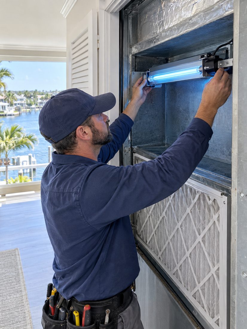 A UV light being installed in a return plenum inside a coastal townhome near the Intracoastal in Jupiter, FL