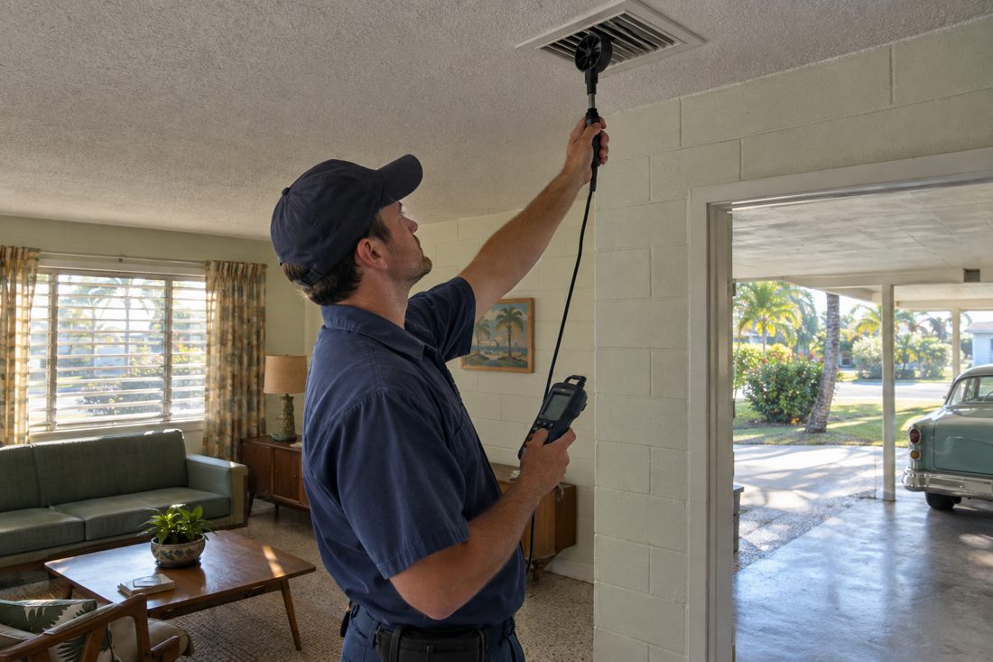 A technician measuring airflow at a ceiling vent with an anemometer inside a small 1950s concrete block home with a carport in Lake Park, FL